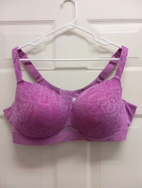 Cacique Lightly Lined Balconette Bra 46D Lace Floral Purple Magenta Underwire